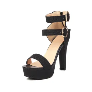 Women's Sparkling Round Toe Chunky Heel Double Ankle Strap Sandals