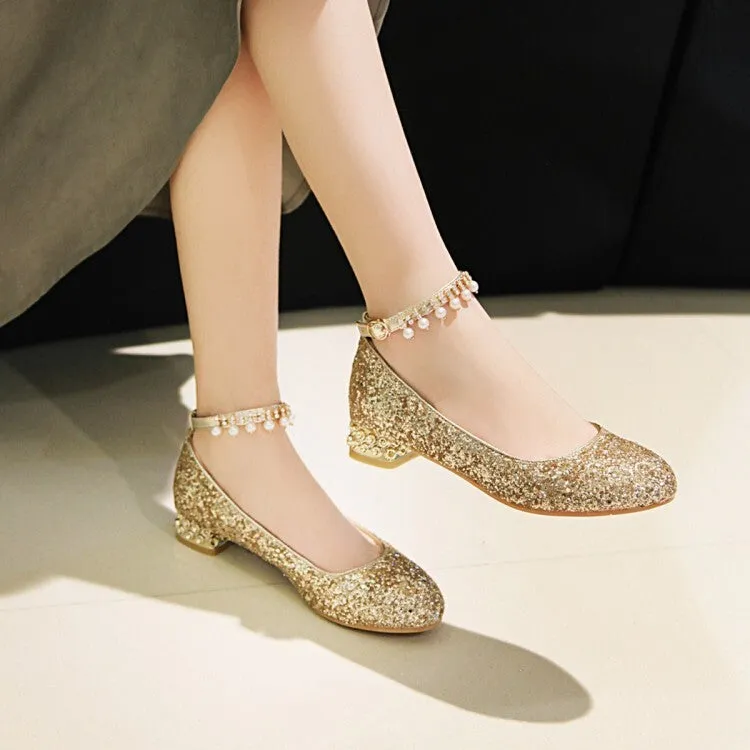 Women's Sparkling Sequins Pearls Shallow Ankle Strap Flat Pumps