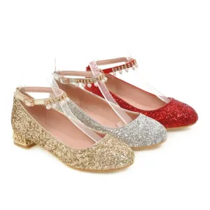 Women's Sparkling Sequins Pearls Shallow Ankle Strap Flat Pumps