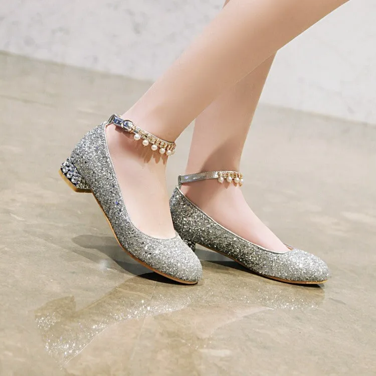 Women's Sparkling Sequins Pearls Shallow Ankle Strap Flat Pumps